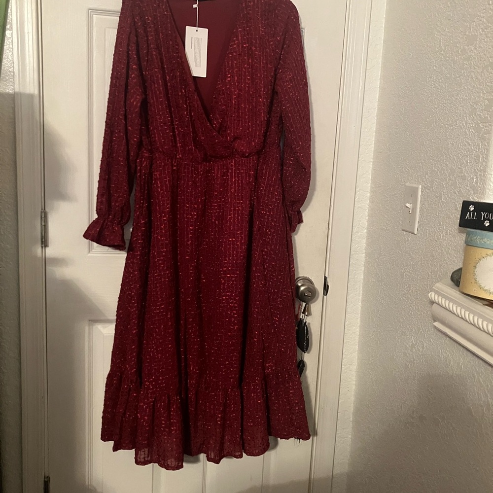 Elegant Embroidered Sequined Red Dress with Ruffle Hem